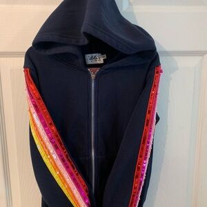Lola + the Boys Navy zip-up Hoodie with Rainbow Sequin Stripes size 10
